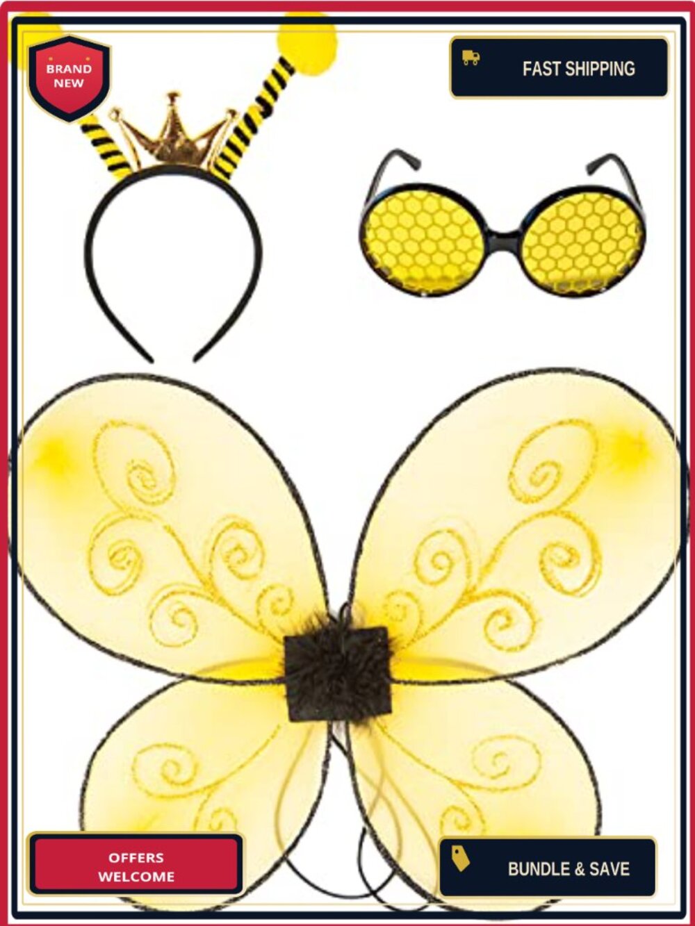 Bee Costume Set Wings Antenna Headband Novelty Glasses Cosplay Halloween
